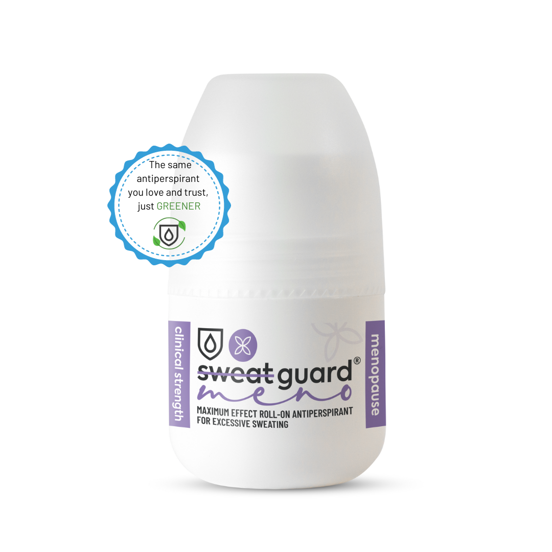 Sweat Guard Meno. Clinically formulated  antiperspirant for the relief of  menopause symptoms. increased sweating, hot flushes and night sweats. 